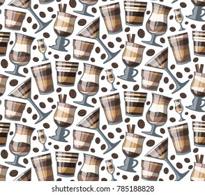 coffee cocktails pattern, cups and coffee seeds illustration
