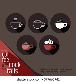 Coffee cocktails vector icon set. Hot chocolate, latte, irish cream cup with marshmallows or cream on top. Five round flat design signs with long shadow.