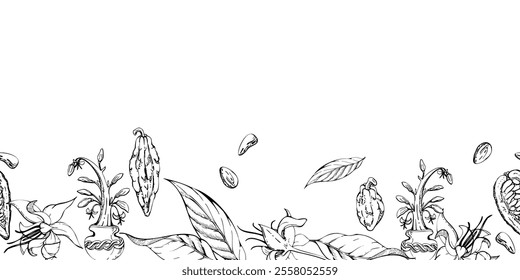 Coffee cocoa cacao beans, flowers, leaves seed pods, stylized tree. Mayan aztec mexican plant. Hand drawn ink vector illustration. Seamless banner isolated on white. Design travel, vacation, brochure