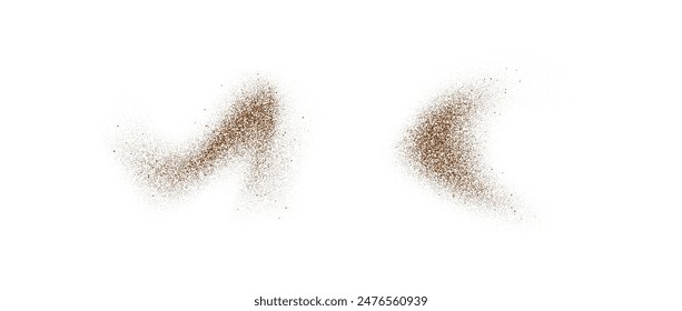 Coffee, cocoa or chocolate powder particles and speckles. Brown dust or sand wavy elements. Ground beans, grains and granules wave flowing shapes. Vector sprayed specks overlay textures