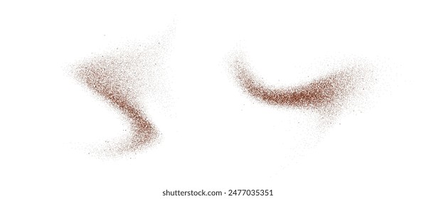 Coffee, cocoa or chocolate powder particles and speckles. Brown dust or sand wavy elements. Ground beans, grains and granules wave flowing shapes. Vector sprayed speck swirl overlay textures