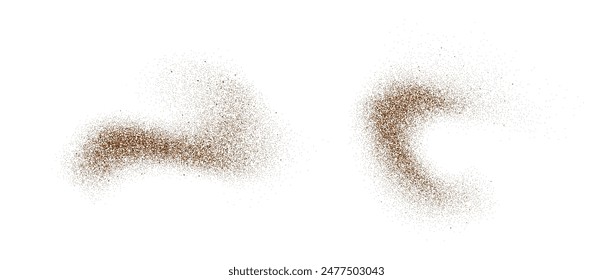 Coffee, cocoa or chocolate powder particles and speckles. Brown dust or sand wavy elements. Grounded beans, grains and granules wave flowing shapes. Vector sprayed speck swirl overlay textures