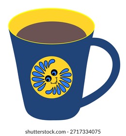 Um café ou uma bebida de cacau em uma xícara azul com uma foto engraçada de uma flor ensolarada alegre, imprimível.