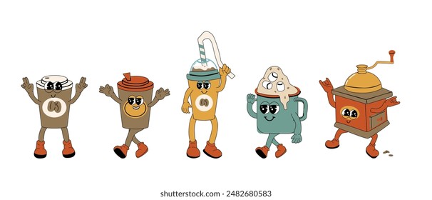 Juego de caracteres Groovy de café y cacao. Aislado en blanco. Lindo y2k bebida caliente que prepara pegatinas. Cafetera y tazas, tazas de colección retro.