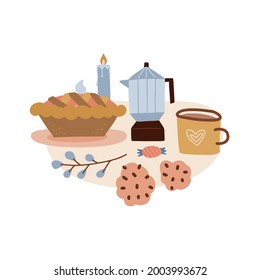 Coffee or cocoa mug and sweet pie with cookies. Hygge isolated concept with beverage and geyser coffee maker. Design for invitation card, poster, banner, postcard, print. Vector flat illustration.