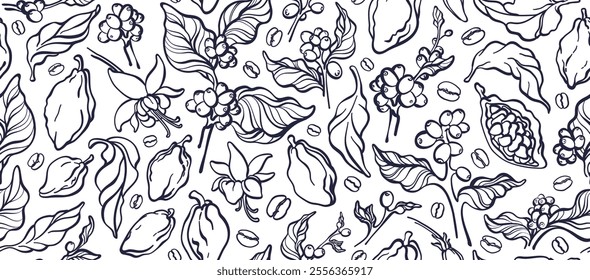 Coffee, cocoa seamless pattern. Organic chocolate, butter. Vector hand drawn print of bean, texture leaves, fruit, flower on transparent background. Organic aroma drink. Graphic for food design