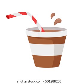 Coffee or cocoa vector. Flat design. Fast food. Refreshing hot drink in paper cup with straw. For food concepts, diet infographics, icons or web design, street restaurants menu. Isolated on white