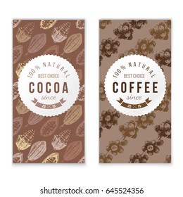Coffee and cocoa vertical banners with round labels. Vector illustration in vintage style