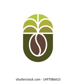 Coffee and Coconut Logo Template, Coffee bean and palm line art logo design .vector