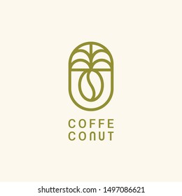 Coffee and Coconut Logo Template, Coffee bean and palm line art logo design .vector