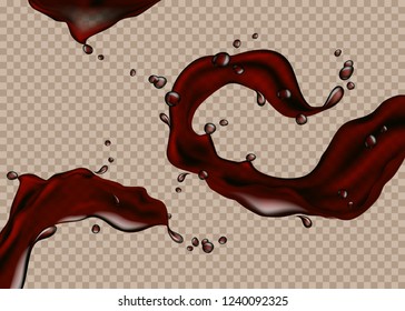 Coffee or cola splash. Transparent dynamic liquid splashes. 3d illustration. Realistic vector background for your design.