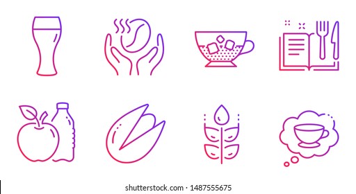 Coffee, Cold coffee and Apple line icons set. Pistachio nut, Recipe book and Gluten free signs. Beer glass symbol. Roasted bean, Ice cubes in beverage. Food and drink set. Gradient coffee icon. Vector