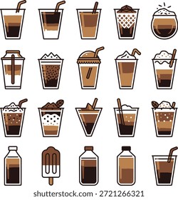 Conjunto de iconos de café y bebida fría. Contiene café helado, frappe, café con leche, batido, batido, té de burbujas, paletas y vasos de plástico para llevar.