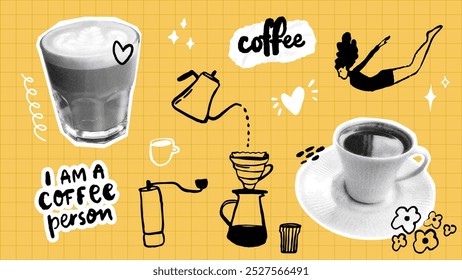 Coffee collage board, halftone black white cups, hand drawn doodles. Trendy banner for coffeshops, cafe, social media design set on yellow background.