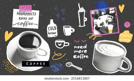 Coffee collage board with sticky notes, inspirational funny quotes, cups cutout, photo of cat in cafe. Bold pop graphic set.