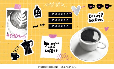 Conjunto de design de colagem de café, foto recortada de xícara e imagem gravada de cappucino no fundo amarelo de papel quadrado. Adesivos e elementos de citação inspiradora engraçada