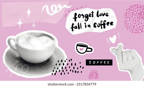 Collage de café en papel roto rosa, símbolo coreano de la mano del corazón, olvide la caída del amor en la cita divertida del café. Taza de capuchino, garabatos superpuestos.