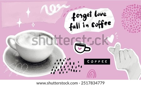 Coffee collage on pink torn paper, korean heart hand symbol, forget love fall in coffee funny quote. Cappucino mug, doodles overlay.