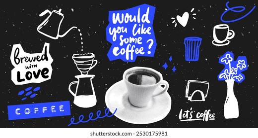 Coffee collage set, modern trendy graphic stickers set at black background, chalk drawings of filter coffee, cup photo, brewed with love