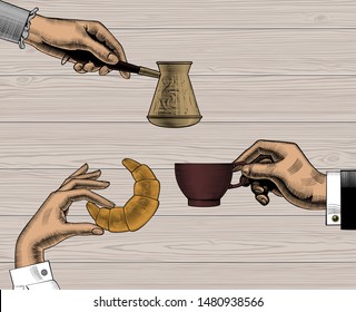 Coffee collection. Cup of coffee, coffee spoon, Arabian Turk. Coffee concept. Vintage engravings stylized as a drawing. Vector illustration.