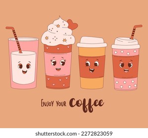 Coffee collection. Cute retro cartoon characters of takeaway coffee in paper cups. Vector illustration. Isolated funny drinks for design, decor, postcards, menu.