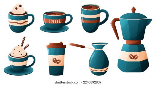 Coffee collection, different coffee elements. Cute cartoon icons. Vector illustration