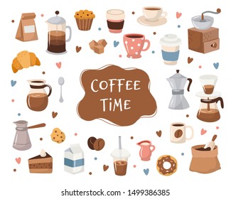 Coffee collection, different coffee elements with lettering. Cute cartoon icons in hand drawn style. Vector illustration 