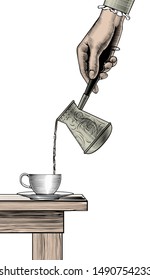 Coffee collection. Hand with a coffee cup and old arabian turk. Coffee concept. Vintage engravings stylized as a drawing. Vector illustration.