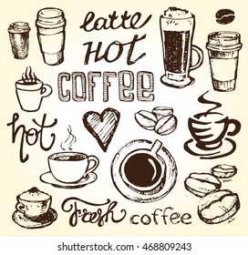coffee collection - hand drawn illustration. Hand drawn coffee set. Vector illustration.
