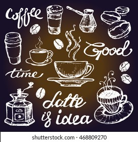 coffee collection - hand drawn illustration. Hand drawn coffee set. Vector illustration.