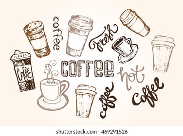 coffee collection - hand drawn illustration. Hand drawn coffee set. Vector illustration.