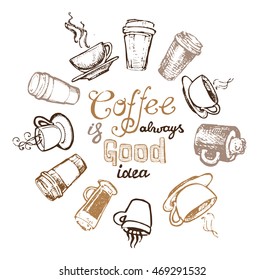coffee collection - hand drawn illustration. Hand drawn coffee set. Vector illustration.