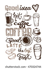 coffee collection - hand drawn illustration. Hand drawn coffee set. Vector illustration.