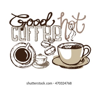 coffee collection - hand drawn illustration. Hand drawn coffee set. Vector illustration.