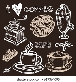 coffee collection - hand drawn illustration. Hand drawn coffee set. Vector illustration.