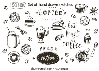 Coffee collection hand drawn illustration. Hand drawn coffee set. Vector illustration.