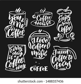 Coffee collection hand drawn lettering composition and clipart element for logos, posters, templates, postcard, banner, etc. Print logo doodle on cup, bag, shirt. Typography phrase eps10