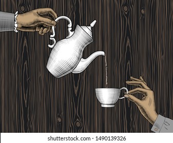 Colección de café. Manos con una taza de café y una olla de café vieja. Grabados de época estilizados como dibujo. Ilustración del vector