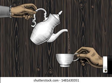 Colección de café. Manos con tazas de café y olla de café vieja. El concepto de café. Grabados de época estilizados como dibujo. Ilustración vectorial.