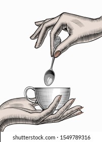 Coffee collection. Hands holding a cup of coffee and coffee spoon. Coffee concept. Vintage engraving stylized drawing. Vector illustration