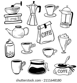 Coffee collection. Coffee maker, geyser, French press, coffee grinder, different cups. Cute doodle cartoon cafe icons. Vector doodle sketch hand drawn illustration. 