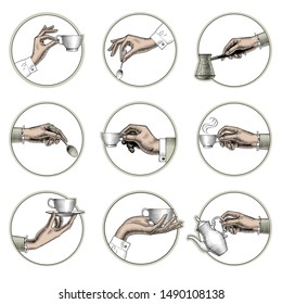 Coffee collection. Many different hands a cup of coffee, spoon, coffee pot, arabic Turk. Coffee concept. Vintage engraving stylized drawing. Vector illustration.