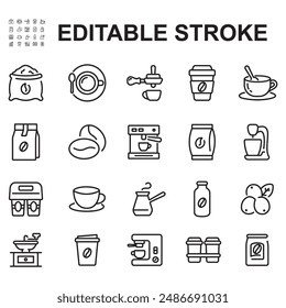 Coffee. Collection of coffee related thin line icons. Editable vector stroke.