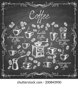 Ã?Â Vintage coffee collection. Sketches of  hand-drawn coffee with chalks on blackboard. Vector illustration.