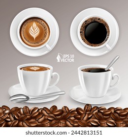 Coffee collection. Vector realistic set. Cups top and side view. Espresso and cappuccino. Coffee beans continuous texture. 3D isolated food illustration for menu design, packaging and advertising