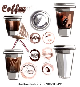 Coffee collection vector set from painted plastic glass with coffee and coffee spots in watercolor style