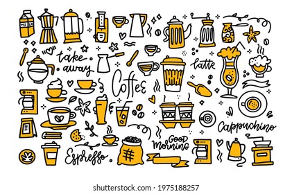 Coffee color black white doodle big set. Coffee to go, take away, coffee pots, cups and design elements with lettering.