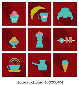 Coffee Color Drawn Collection. Vector Sketch Illustration Set With Turk, Cups, Coffee Bag With Beans, Croissant, Coffee Mill,Coffee Maker, Kettle, Cups, Latte, Cinnamon, Star Anise