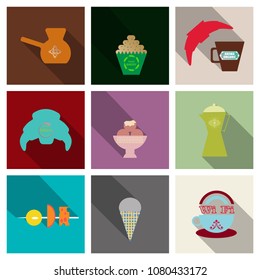 Coffee Color Drawn Collection. Vector Sketch Illustration Set With Turk, Cups, Coffee Bag With Beans, Croissant, Coffee Mill,Coffee Maker, Kettle, Cups, Latte, Cinnamon, Star Anise
