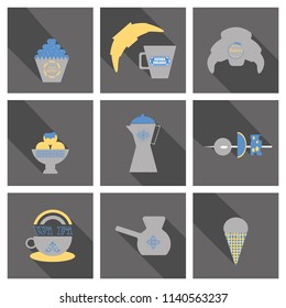 Coffee Color Drawn Collection. Vector Sketch Illustration Set With Turk, Cups, Coffee Bag With Beans, Croissant, Coffee Mill,Coffee Maker, Kettle, Cups, Latte, Cinnamon, Star Anise